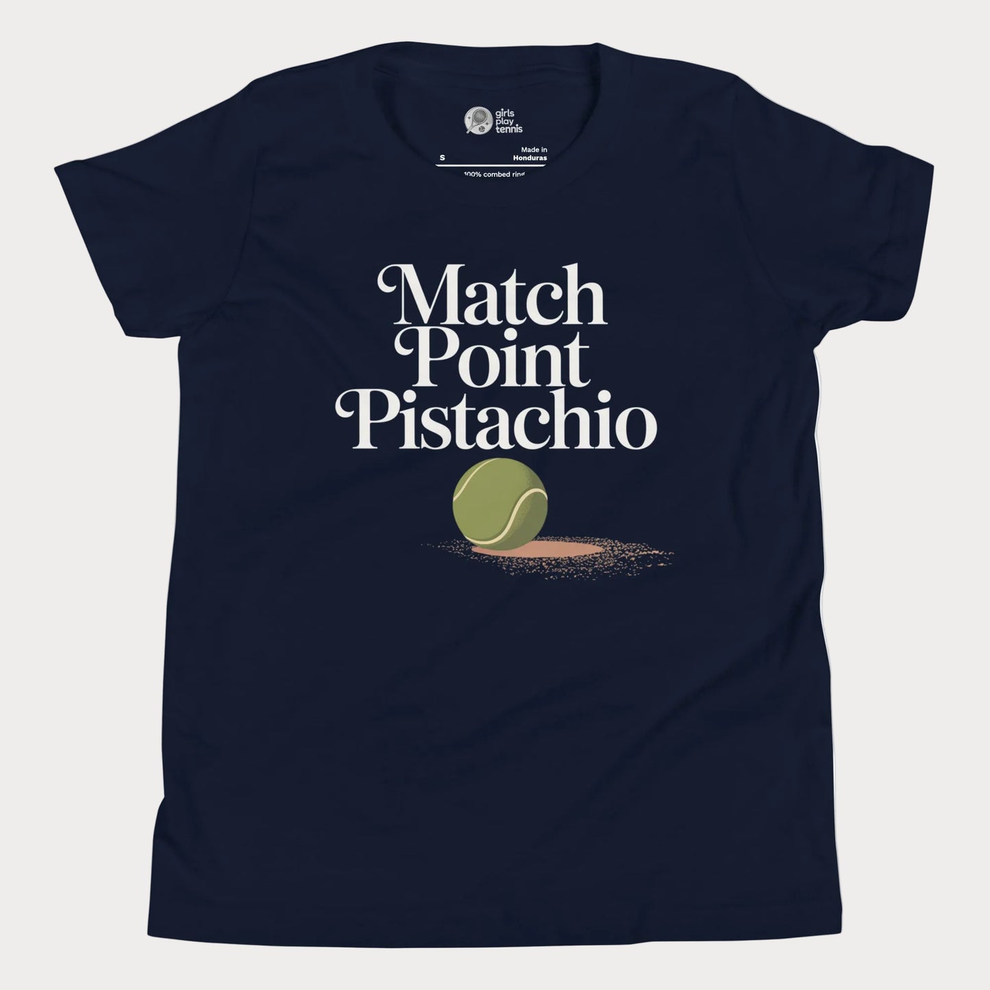 Match Point Pistachio girls and women’s tennis tee in navy with tennis ball graphic premium cotton shirt