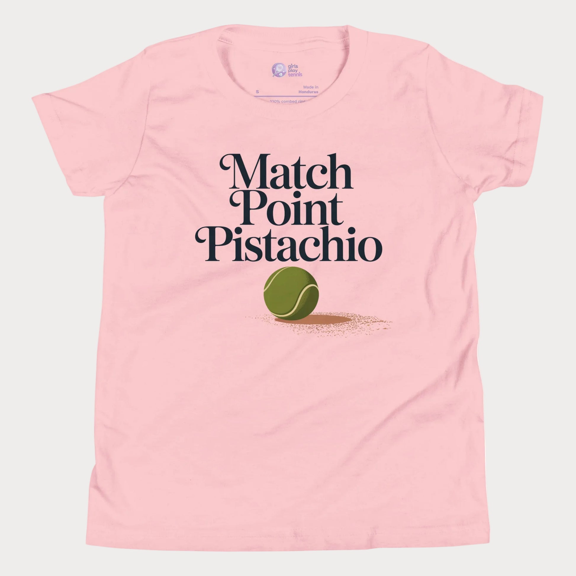 Match Point Pistachio girls and women’s tennis tee in pink with tennis ball graphic premium cotton shirt