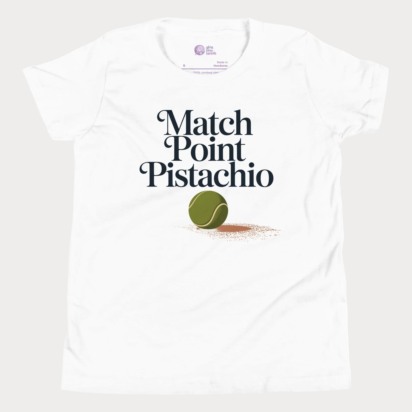 Match Point Pistachio girls and women’s tennis tee in white with tennis ball graphic premium cotton shirt