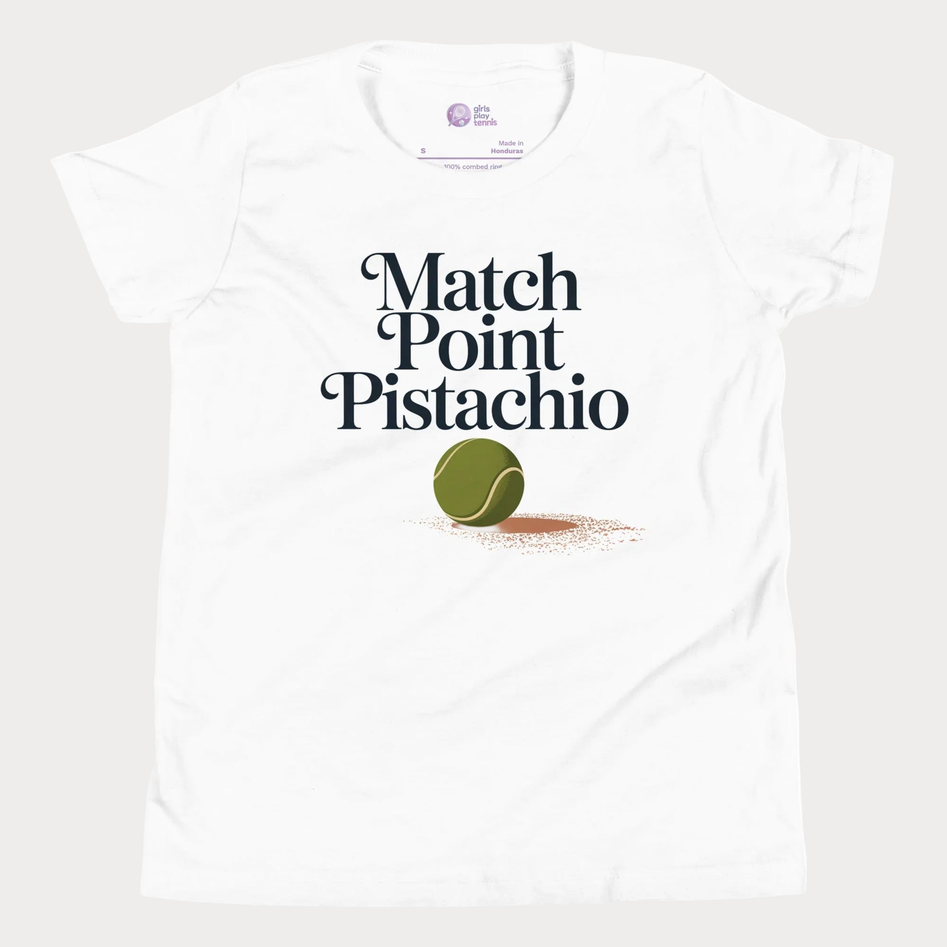 Match Point Pistachio girls and women’s tennis tee in white with tennis ball graphic premium cotton shirt