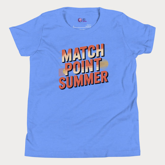 Heather blue Match Point Summer retro-inspired tennis t-shirt for kids and teens