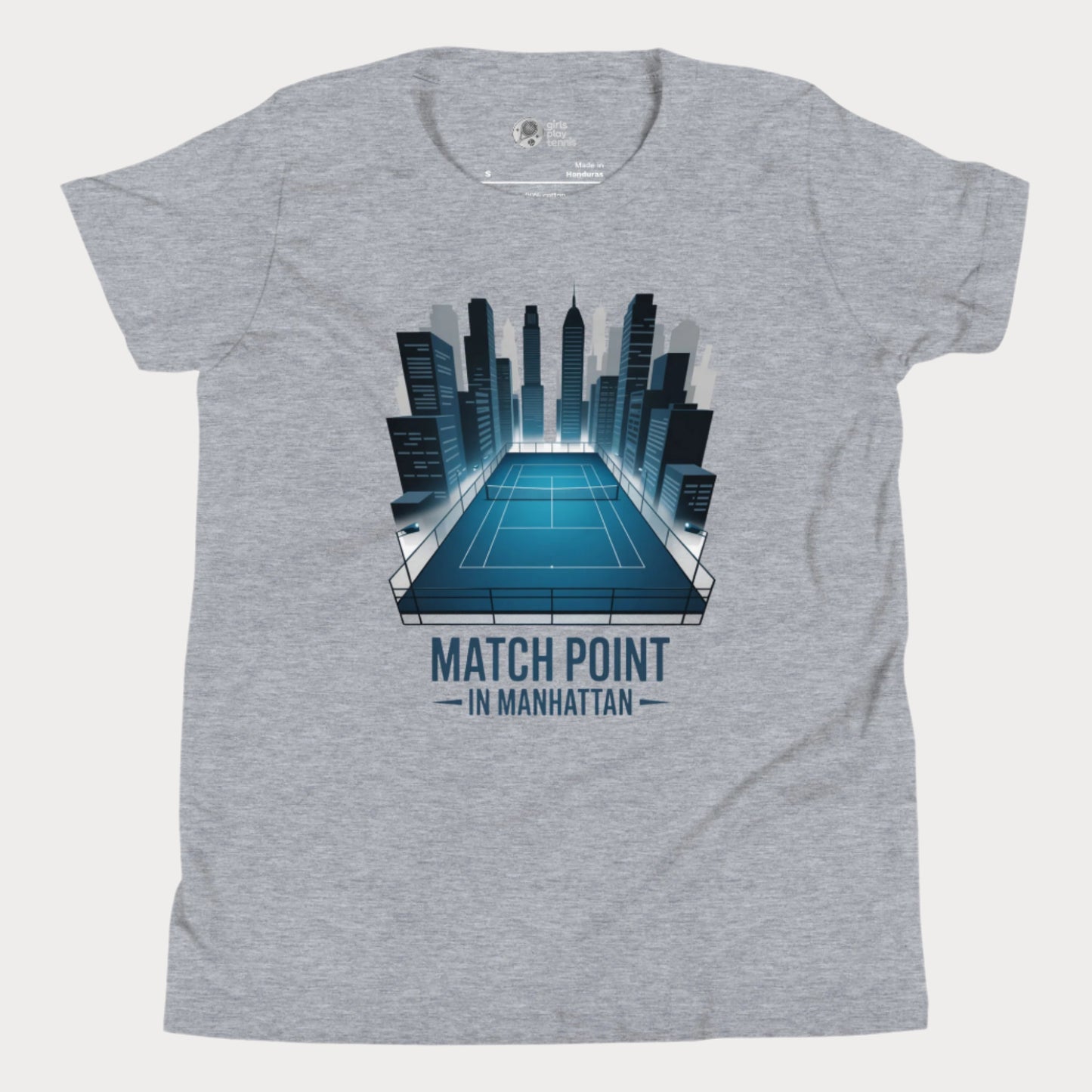 Girls Play Tennis Matchpoint in Manhattan T-Shirt – NYC skyline tennis court design for girls.