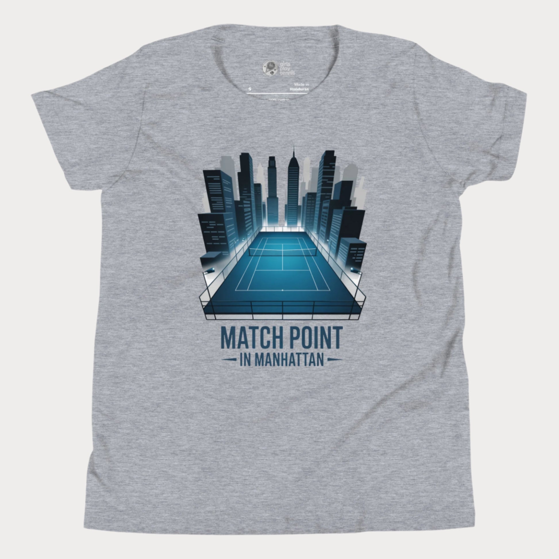 Girls Play Tennis Matchpoint in Manhattan T-Shirt – NYC skyline tennis court design for girls.