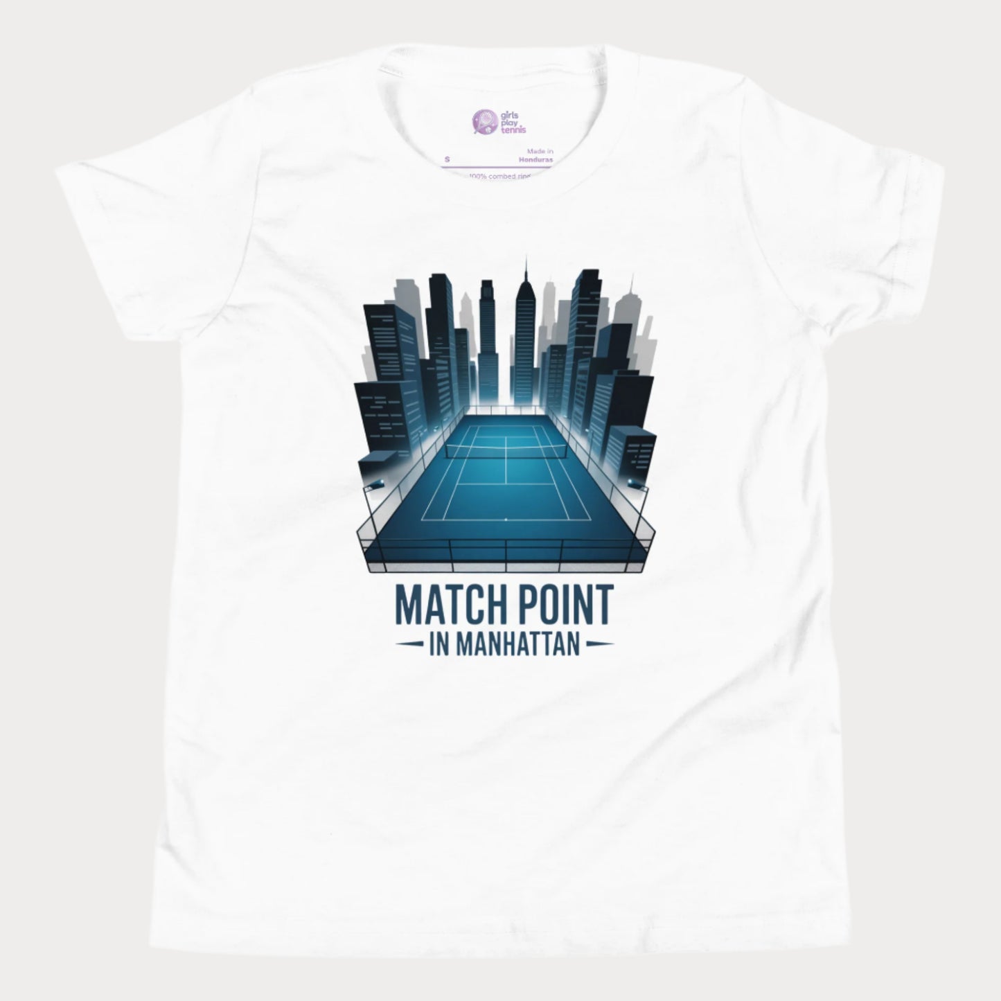 Girls Play Tennis Matchpoint in Manhattan T-Shirt – NYC skyline tennis court design for girls.