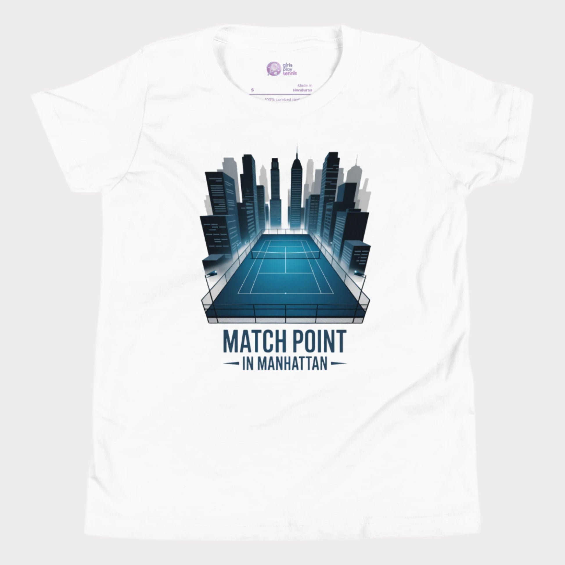 Girls Play Tennis Matchpoint in Manhattan T-Shirt – NYC skyline tennis court design for girls.