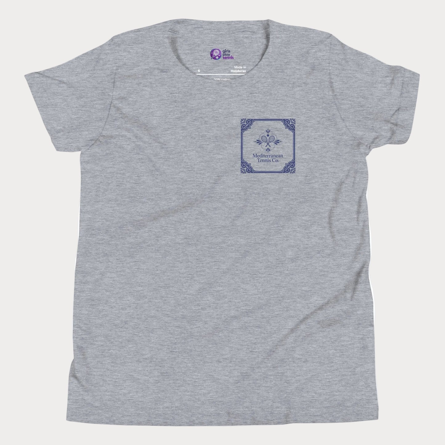 Mediterranean Tennis Co girls and women’s tennis tee in athletic grey with blue tile inspired left chest graphic premium cotton shirt