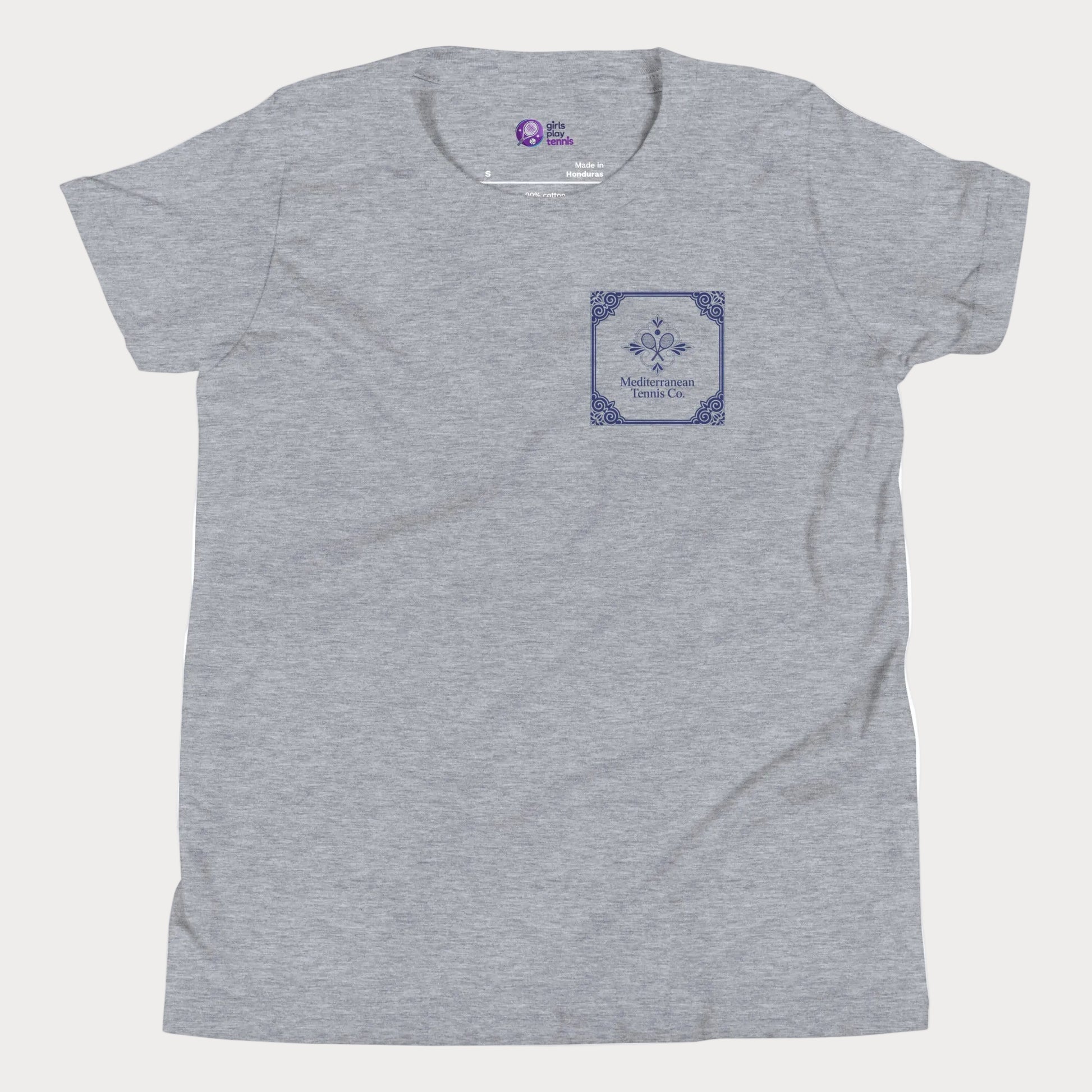 Mediterranean Tennis Co girls and women’s tennis tee in athletic grey with blue tile inspired left chest graphic premium cotton shirt