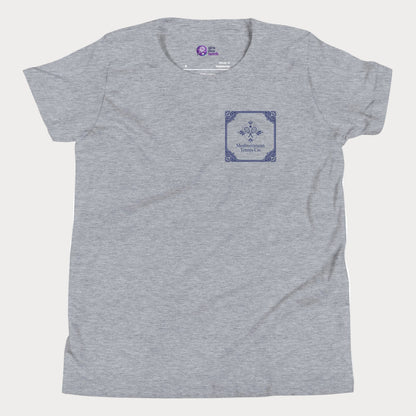 Mediterranean Tennis Co girls and women’s tennis tee in athletic grey with blue tile inspired left chest graphic premium cotton shirt