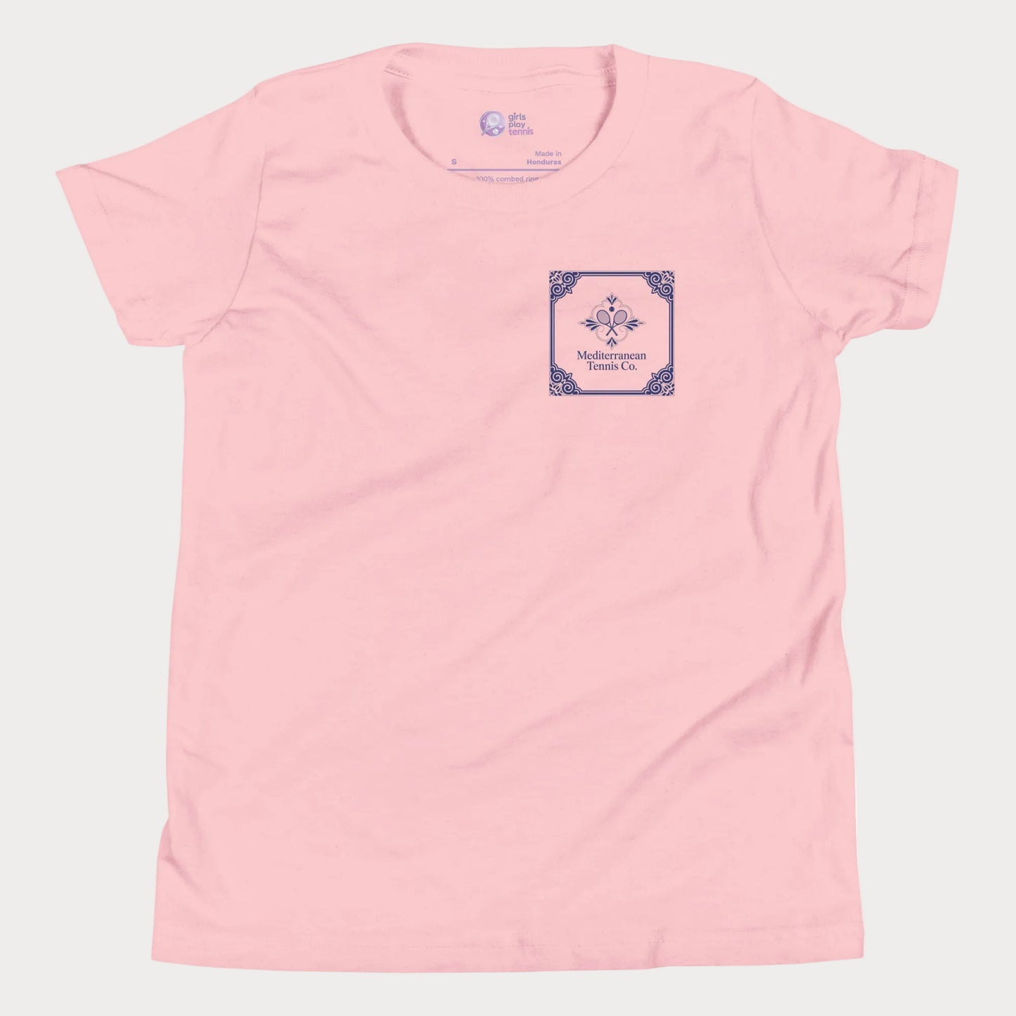 Mediterranean Tennis Co girls and women’s tennis tee in pink with blue tile inspired left chest graphic premium cotton shirt
