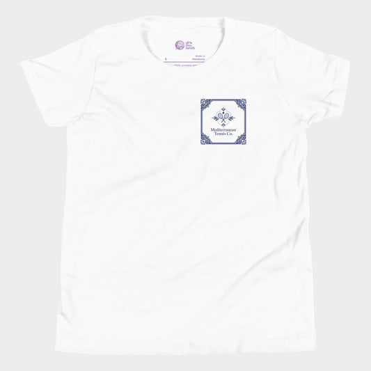 Mediterranean Tennis Co girls and women’s tennis tee in white with blue tile inspired left chest graphic premium cotton shirt