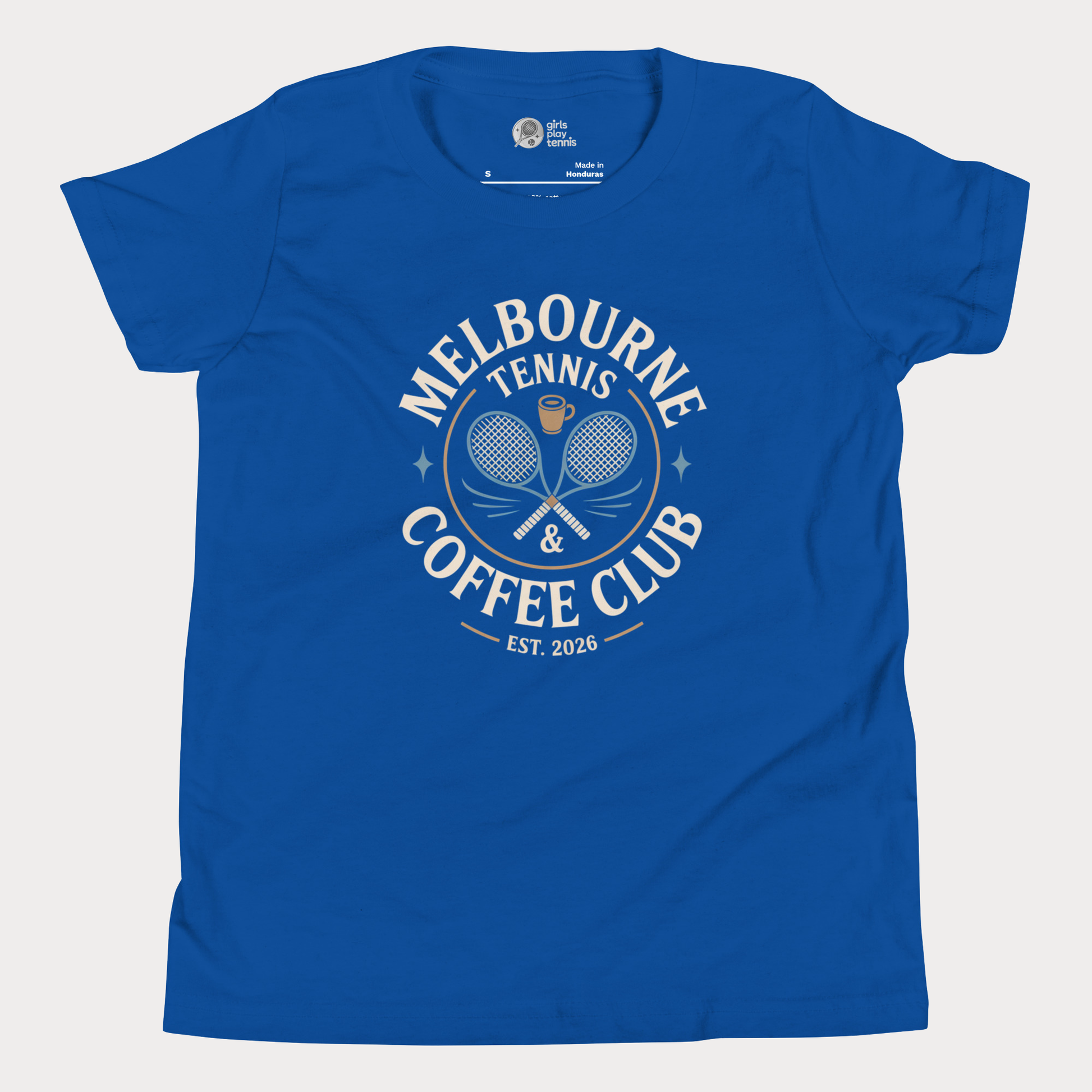 Melbourne Tennis & Coffee Club t-shirt with crossed racquets and coffee cup for adults and older youth.