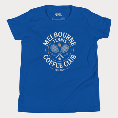 Melbourne Tennis & Coffee Club t-shirt with crossed racquets and coffee cup for adults and older youth.