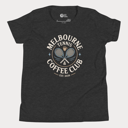 Melbourne Tennis & Coffee Club t-shirt with crossed racquets and coffee cup for adults and older youth.