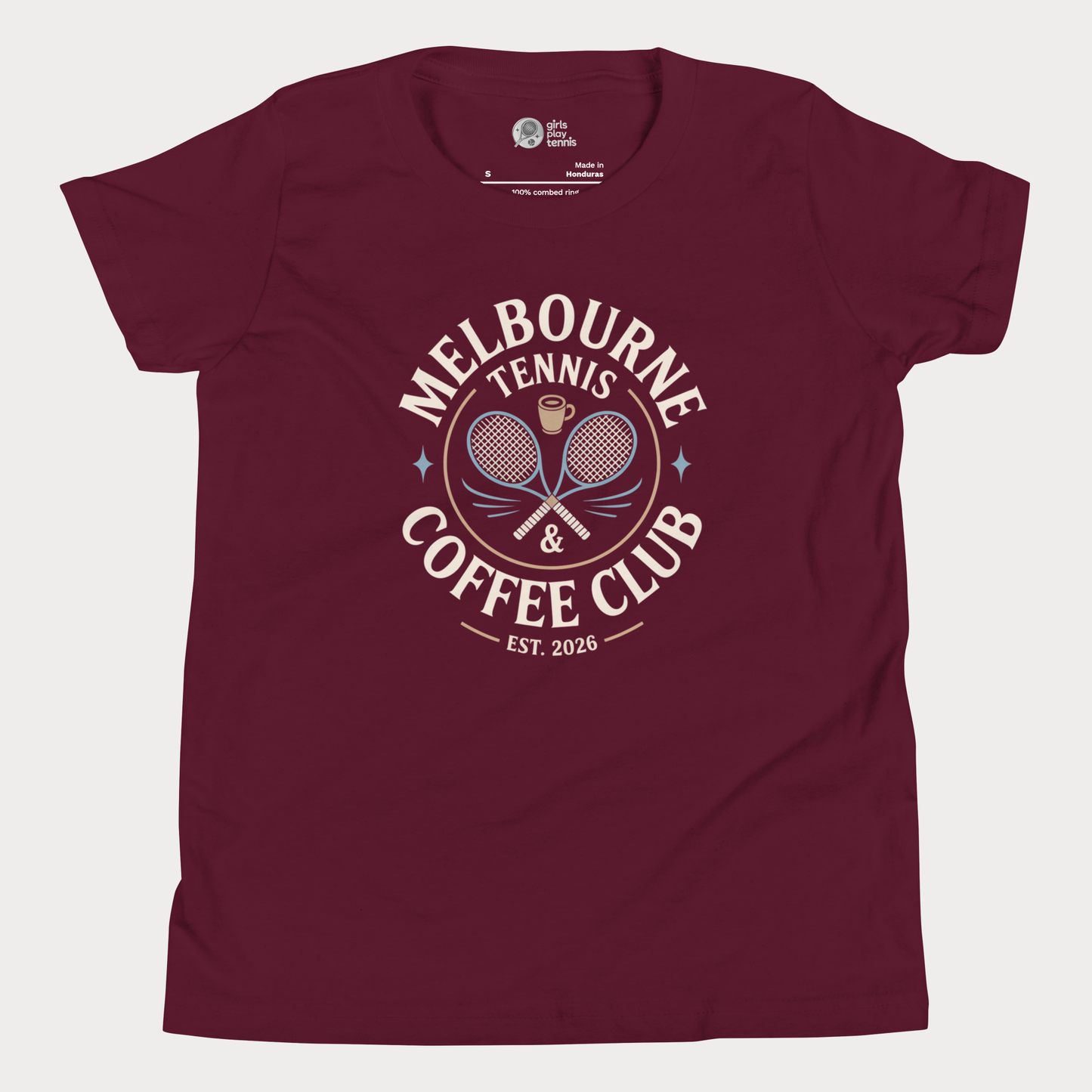 Melbourne Tennis & Coffee Club t-shirt with crossed racquets and coffee cup for adults and older youth.