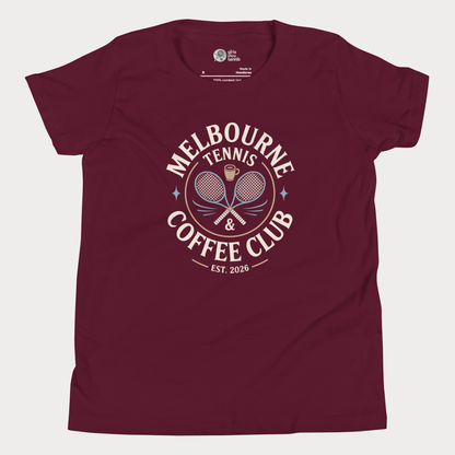 Melbourne Tennis & Coffee Club t-shirt with crossed racquets and coffee cup for adults and older youth.