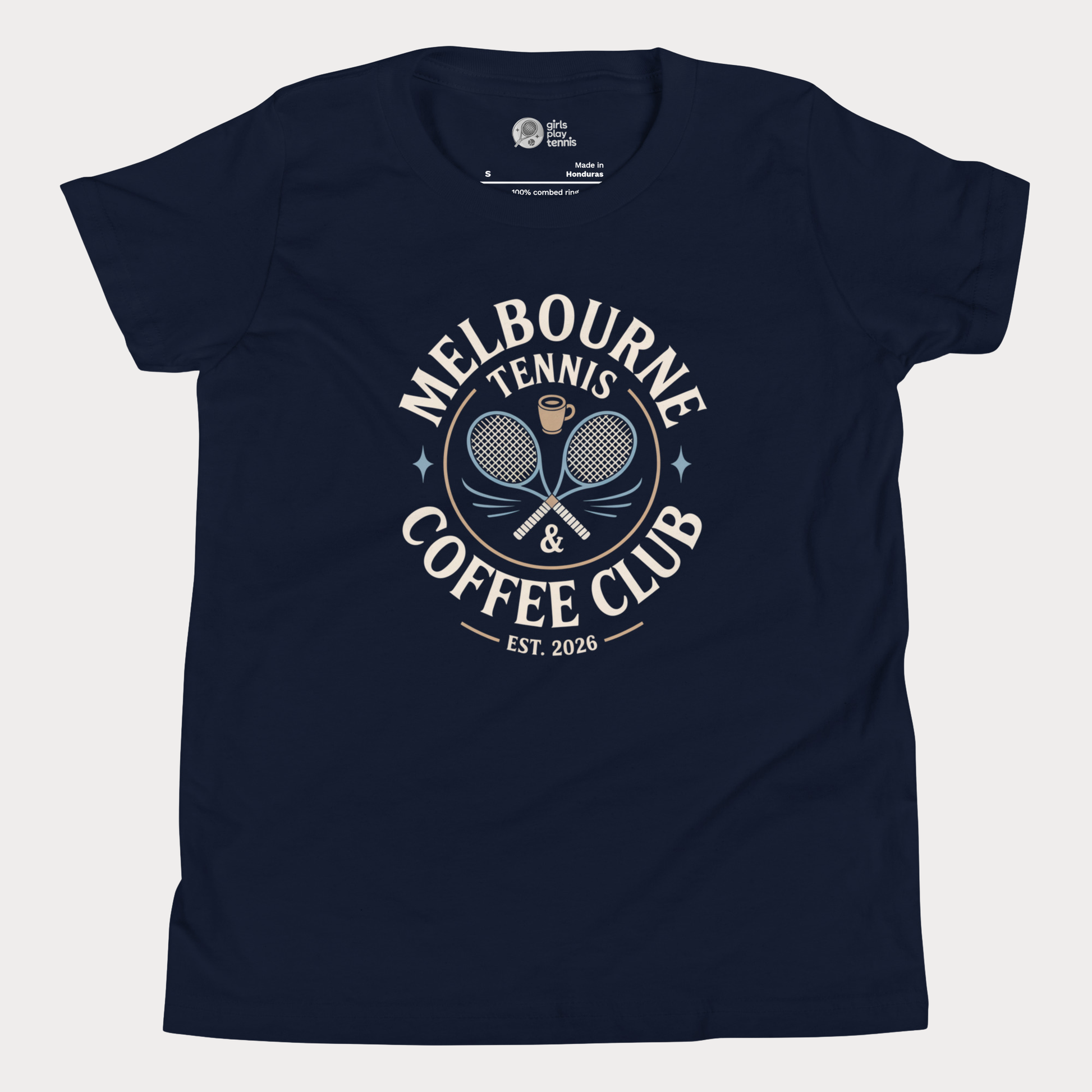 Melbourne Tennis & Coffee Club t-shirt with crossed racquets and coffee cup for adults and older youth.