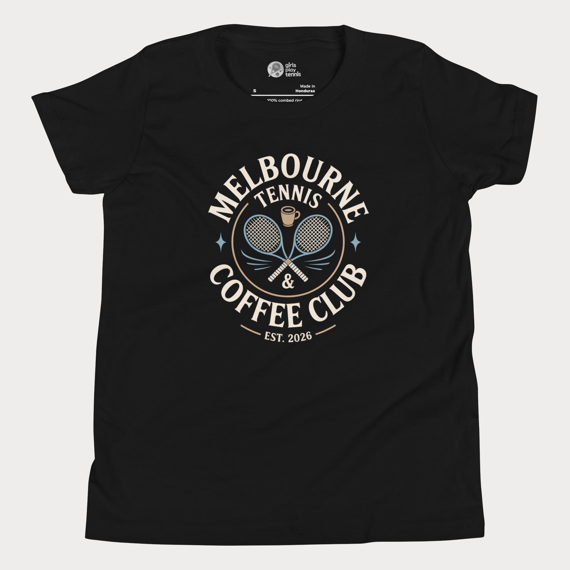 Melbourne Tennis & Coffee Club t-shirt with crossed racquets and coffee cup for adults and older youth.