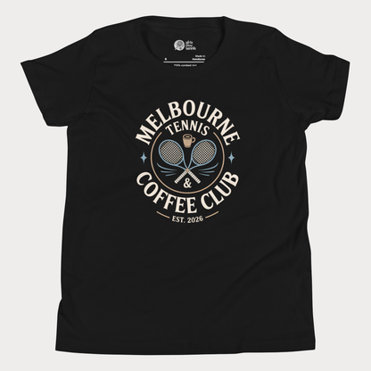 Melbourne Tennis & Coffee Club t-shirt with crossed racquets and coffee cup for adults and older youth.