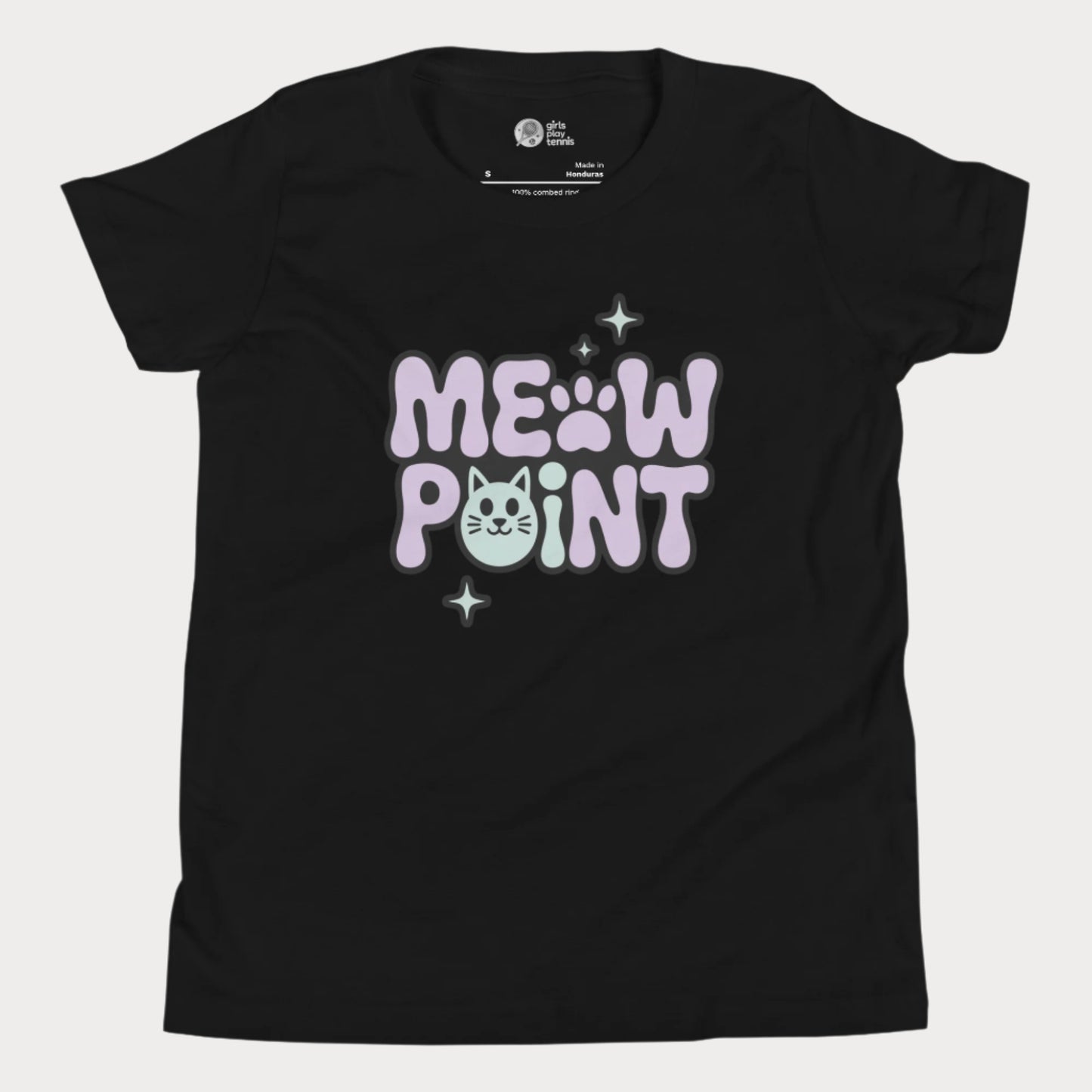 A black girls’ tennis t-shirt with bold, bubble-style lettering that spells out “Meow Point” in pastel purple and black. The design includes a playful pink paw print for the letter "O" and a smiling cat face as the letter "I", surrounded by sparkly stars.