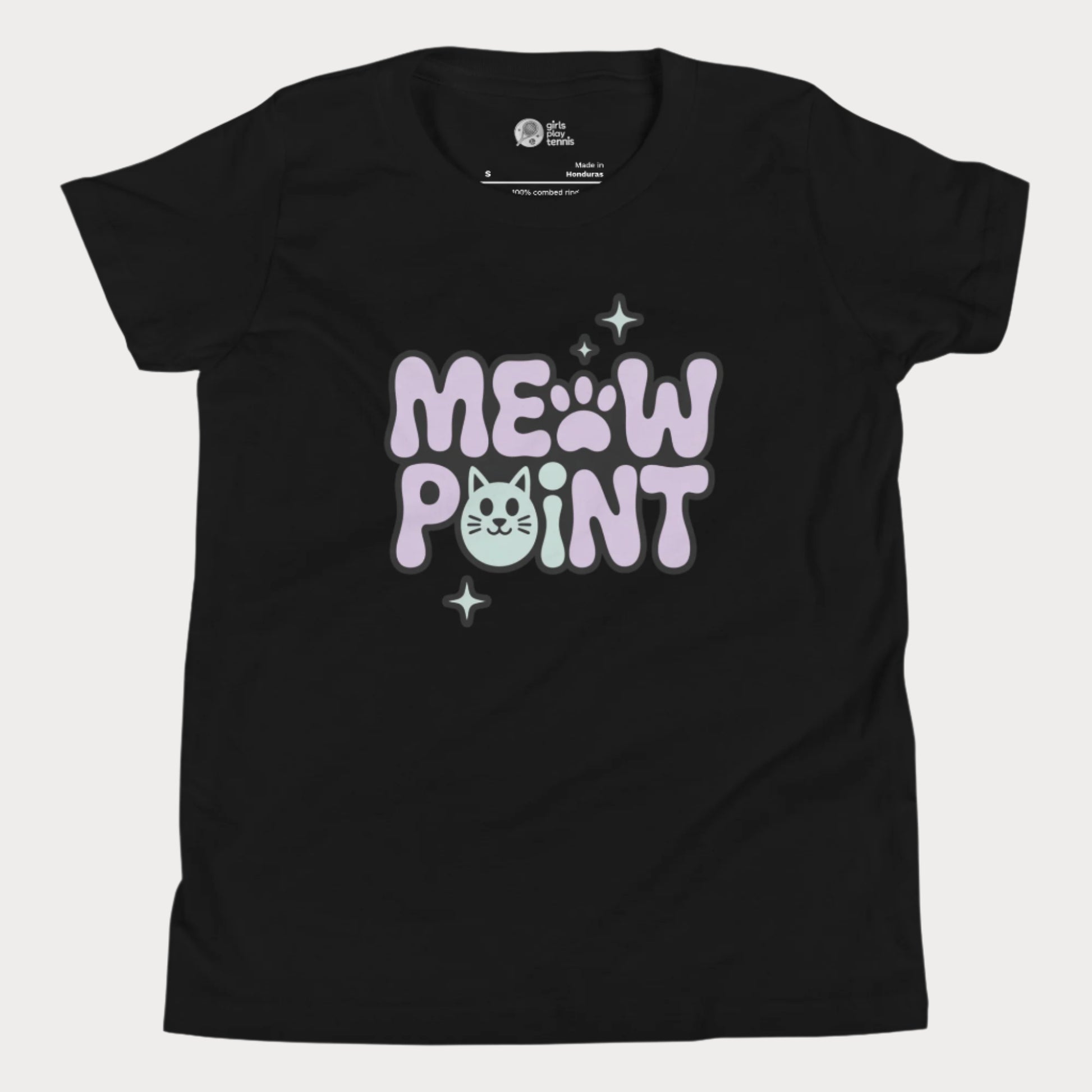 A black girls’ tennis t-shirt with bold, bubble-style lettering that spells out “Meow Point” in pastel purple and black. The design includes a playful pink paw print for the letter "O" and a smiling cat face as the letter "I", surrounded by sparkly stars.