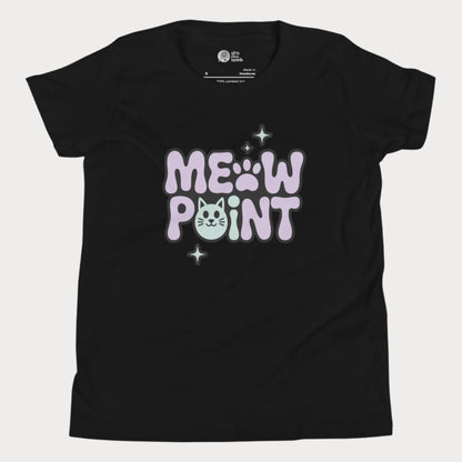 A black girls’ tennis t-shirt with bold, bubble-style lettering that spells out “Meow Point” in pastel purple and black. The design includes a playful pink paw print for the letter "O" and a smiling cat face as the letter "I", surrounded by sparkly stars.