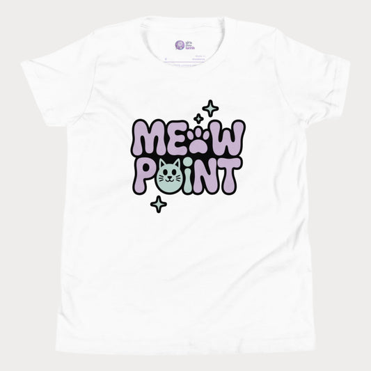 A white girls’ tennis t-shirt with bold, bubble-style lettering that spells out “Meow Point” in pastel purple and black. The design includes a playful pink paw print for the letter "O" and a smiling cat face as the letter "I", surrounded by sparkly stars.