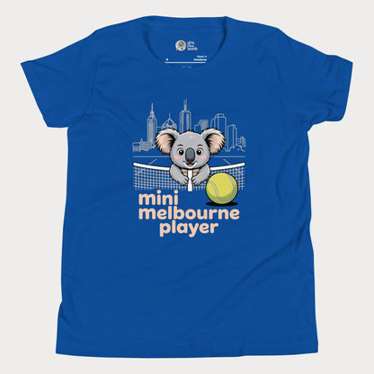 Mini Melbourne Player kids tennis t-shirt with koala, net, and Melbourne skyline for toddlers and youth