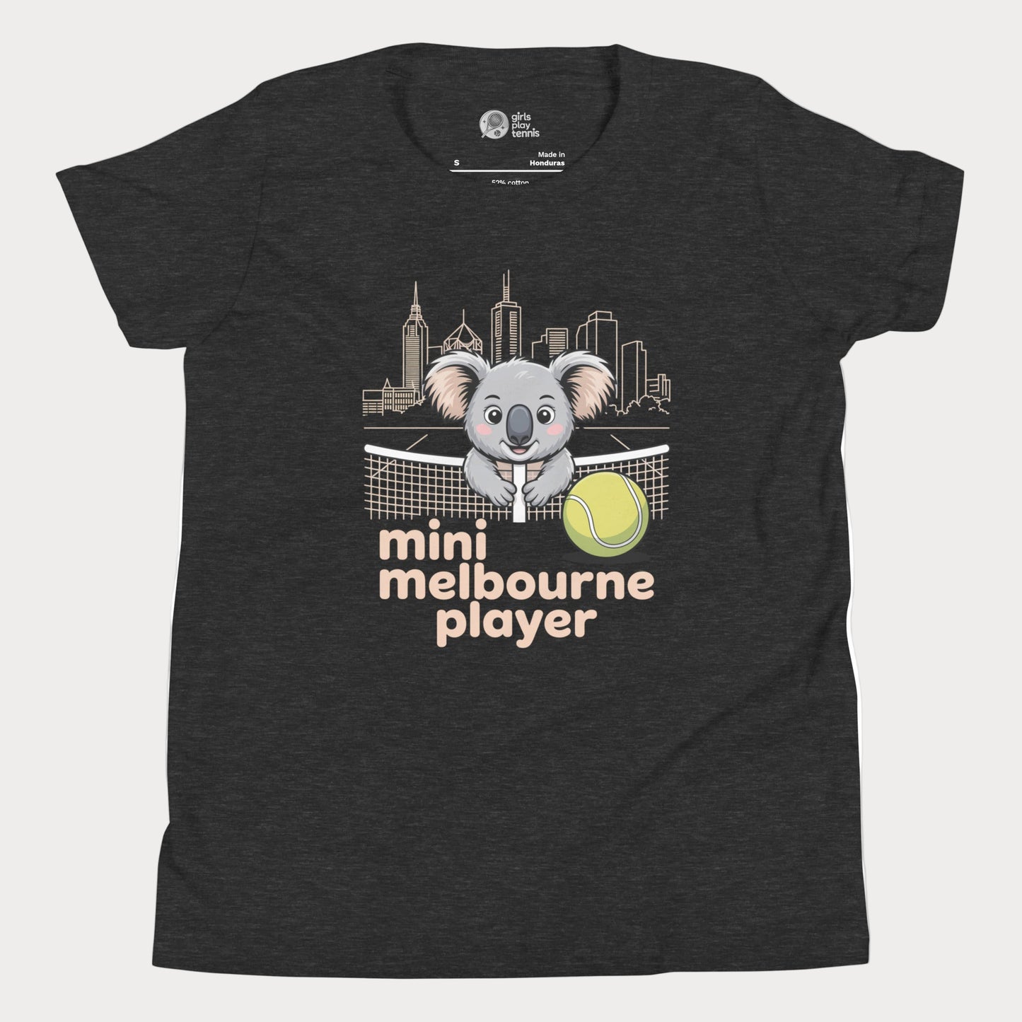 Mini Melbourne Player kids tennis t-shirt with koala, net, and Melbourne skyline for toddlers and youth
