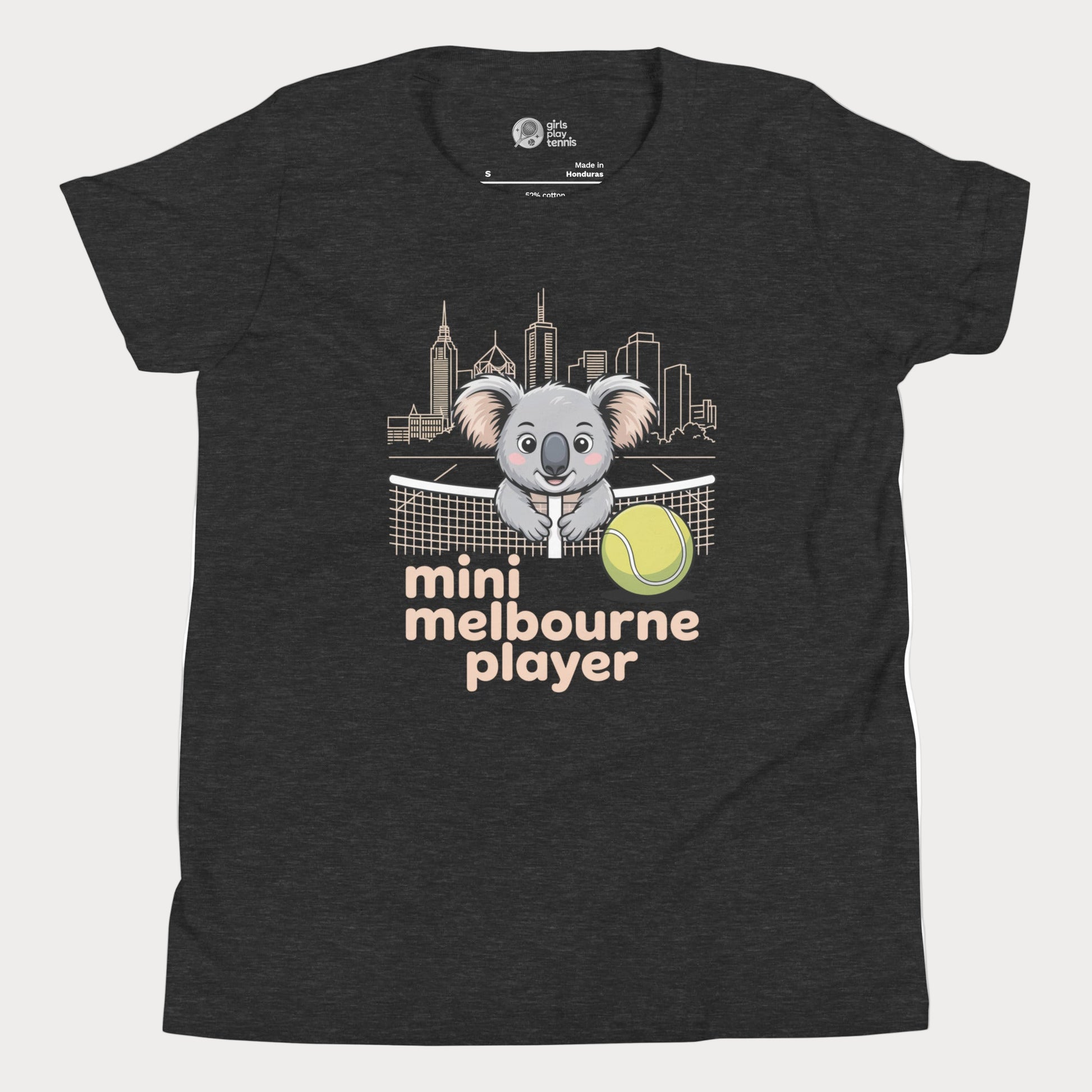 Mini Melbourne Player kids tennis t-shirt with koala, net, and Melbourne skyline for toddlers and youth