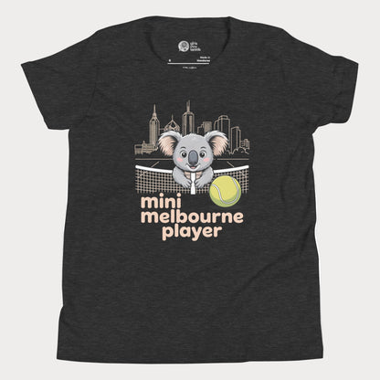 Mini Melbourne Player kids tennis t-shirt with koala, net, and Melbourne skyline for toddlers and youth