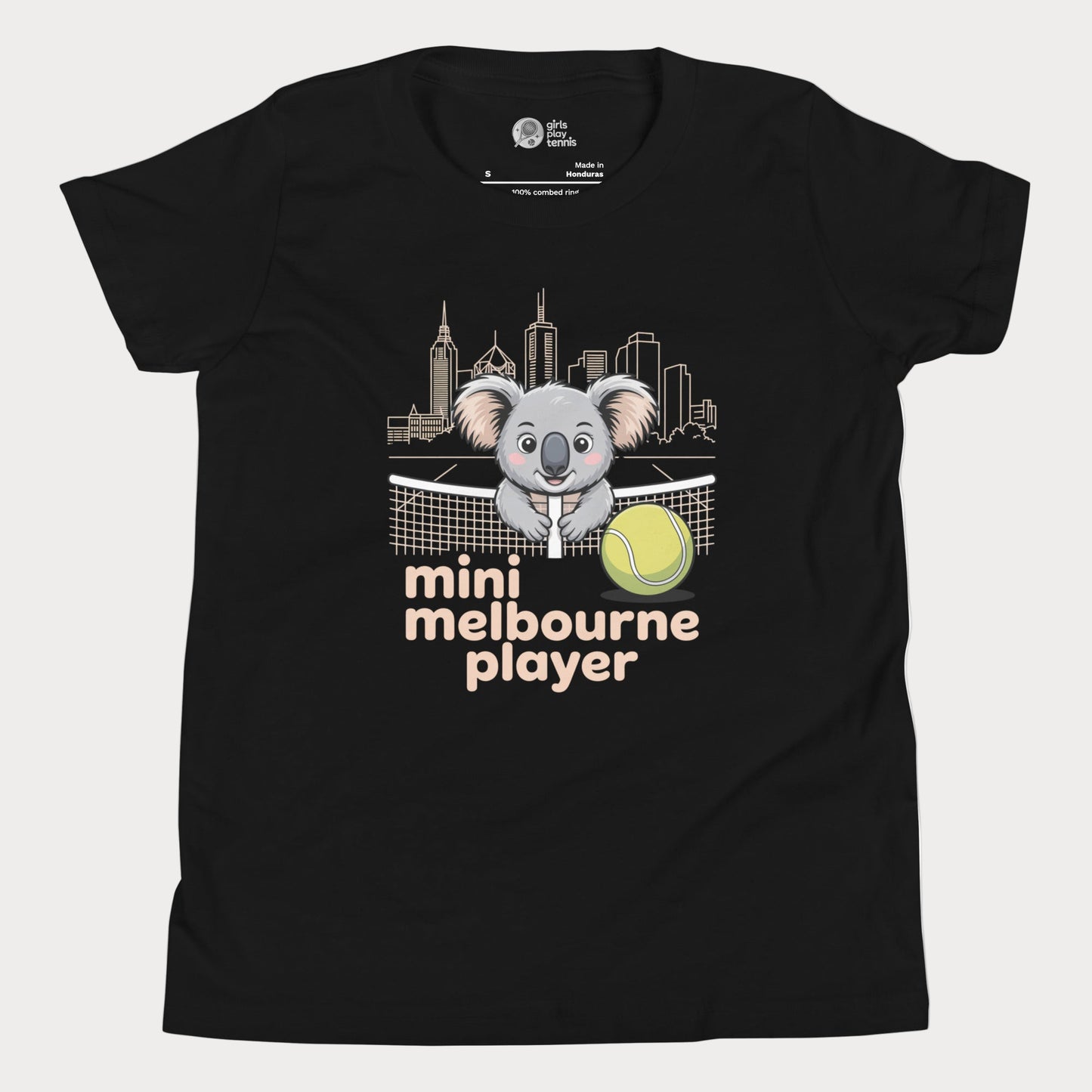 Mini Melbourne Player kids tennis t-shirt with koala, net, and Melbourne skyline for toddlers and youth