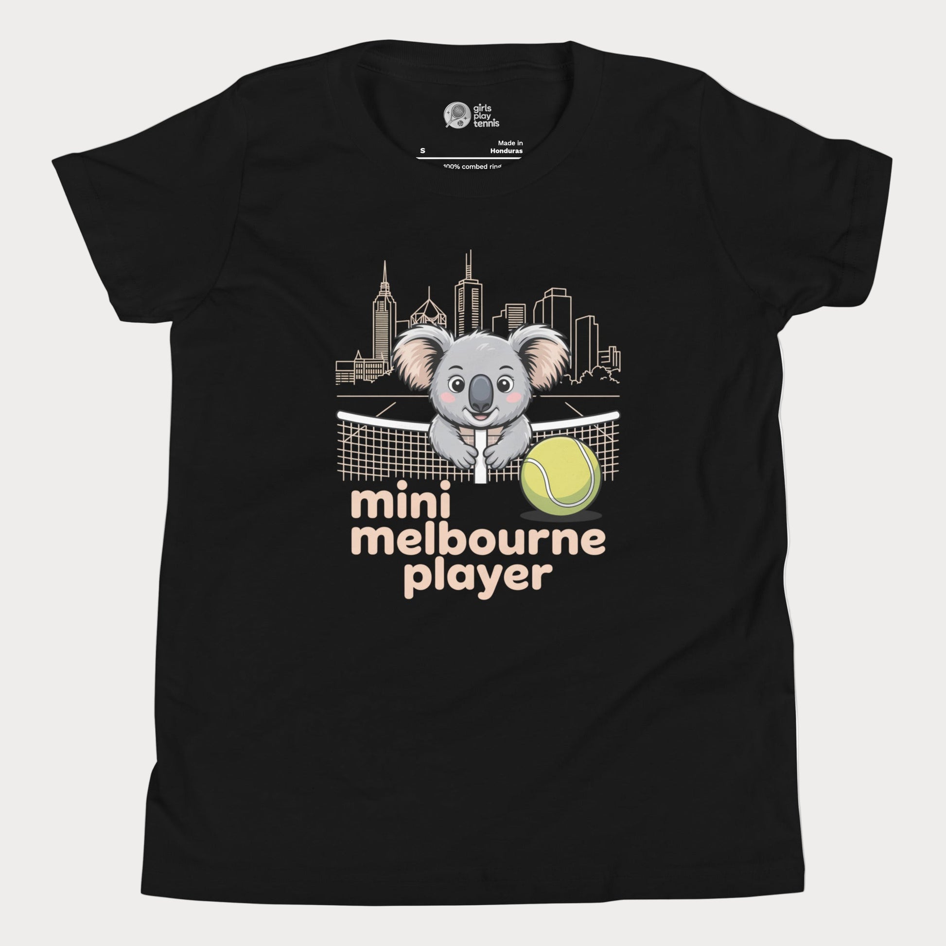 Mini Melbourne Player kids tennis t-shirt with koala, net, and Melbourne skyline for toddlers and youth