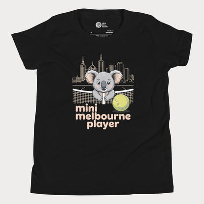 Mini Melbourne Player kids tennis t-shirt with koala, net, and Melbourne skyline for toddlers and youth