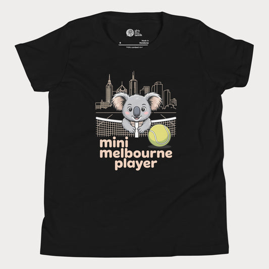 Mini Melbourne Player kids tennis t-shirt with koala, net, and Melbourne skyline for toddlers and youth