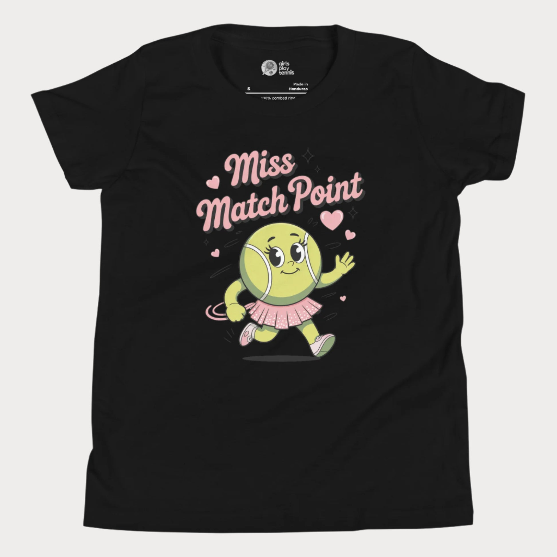 Miss Match Point girls tennis t-shirt in black with animated tennis ball character in a skirt.