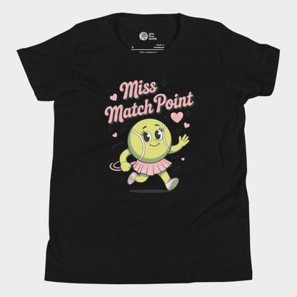 Miss Match Point girls tennis t-shirt in black with animated tennis ball character in a skirt.
