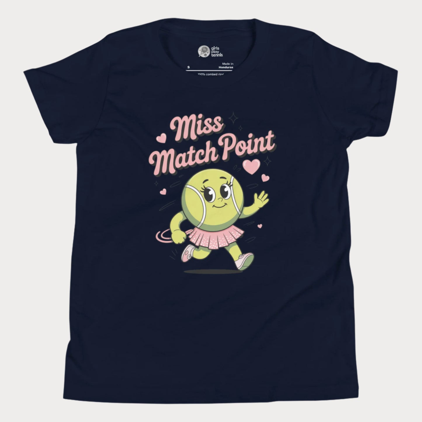 Navy blue t-shirt with a cartoon tennis ball character and 'Miss Match Point' text on a white background