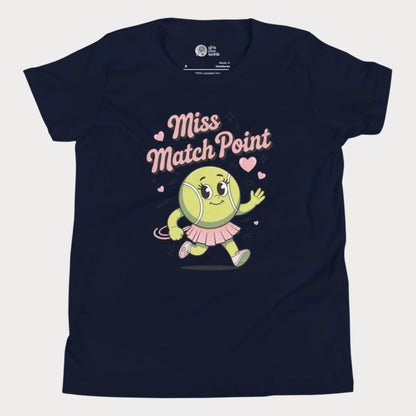 Navy blue t-shirt with a cartoon tennis ball character and 'Miss Match Point' text on a white background