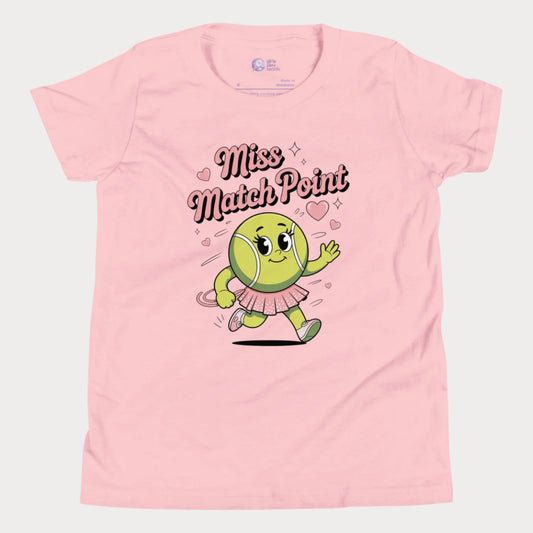 Miss Match Point girls tennis t-shirt in pink with animated tennis ball character in a skirt.