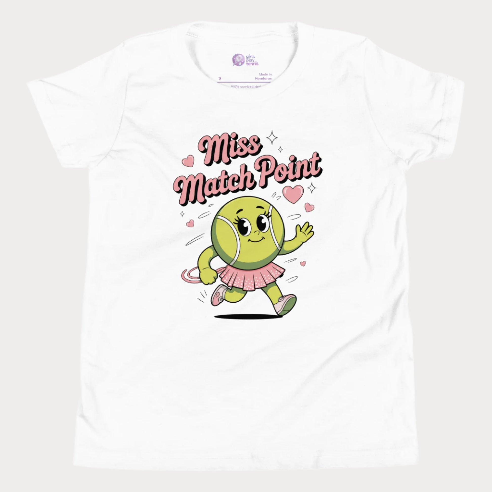 Miss Match Point girls tennis t-shirt in white with animated tennis ball character in a skirt