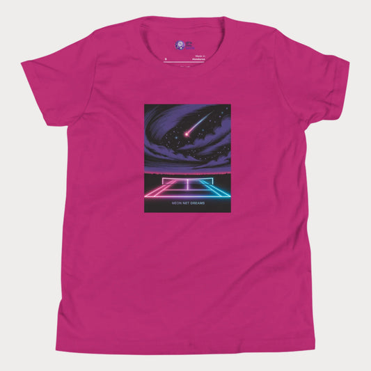 Neon Net Dreams tennis t-shirt with glowing hard court, stars, and comet – night tennis graphic tee for girls.