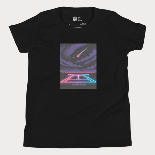 Neon Net Dreams tennis t-shirt with glowing hard court, stars, and comet – night tennis graphic tee for girls.