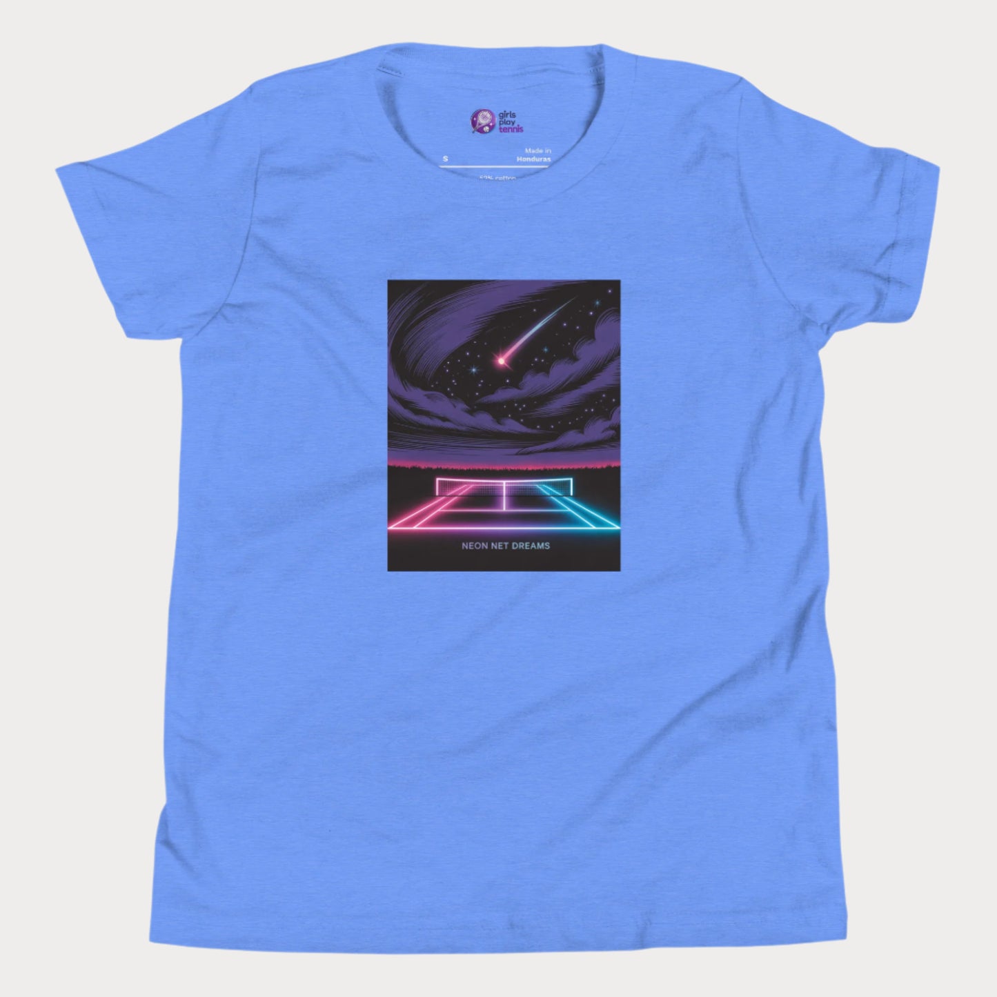 Neon Net Dreams tennis t-shirt with glowing hard court, stars, and comet – night tennis graphic tee for girls.