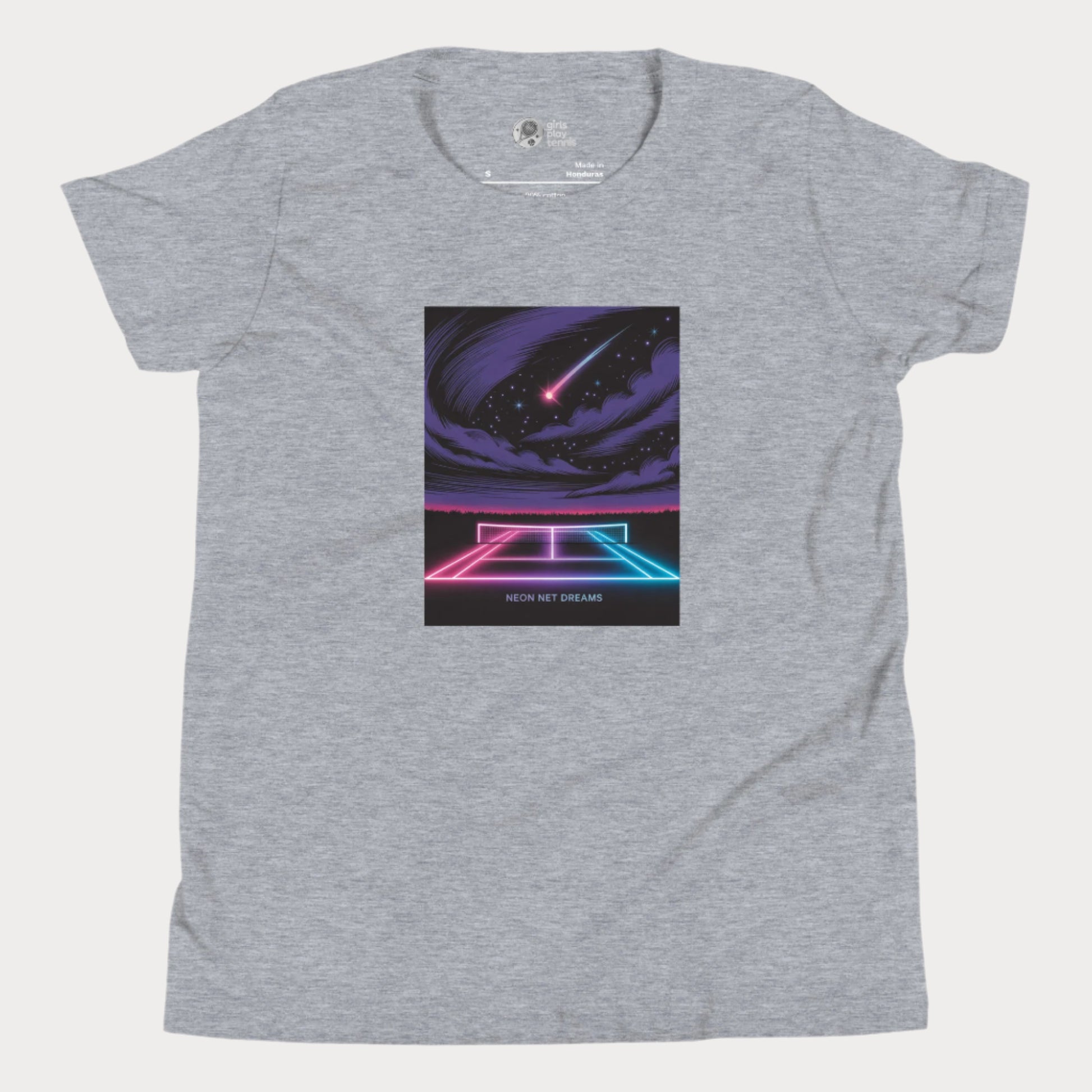 Neon Net Dreams tennis t-shirt with glowing hard court, stars, and comet – night tennis graphic tee for girls.