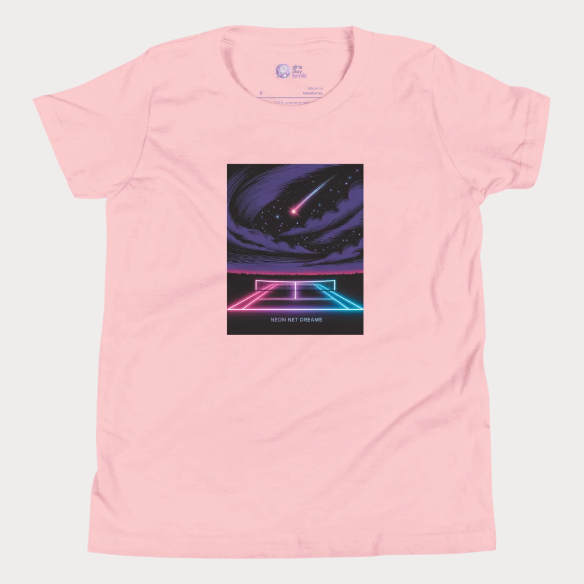 Neon Net Dreams tennis t-shirt with glowing hard court, stars, and comet – night tennis graphic tee for girls.