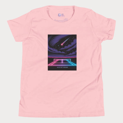 Neon Net Dreams tennis t-shirt with glowing hard court, stars, and comet – night tennis graphic tee for girls.