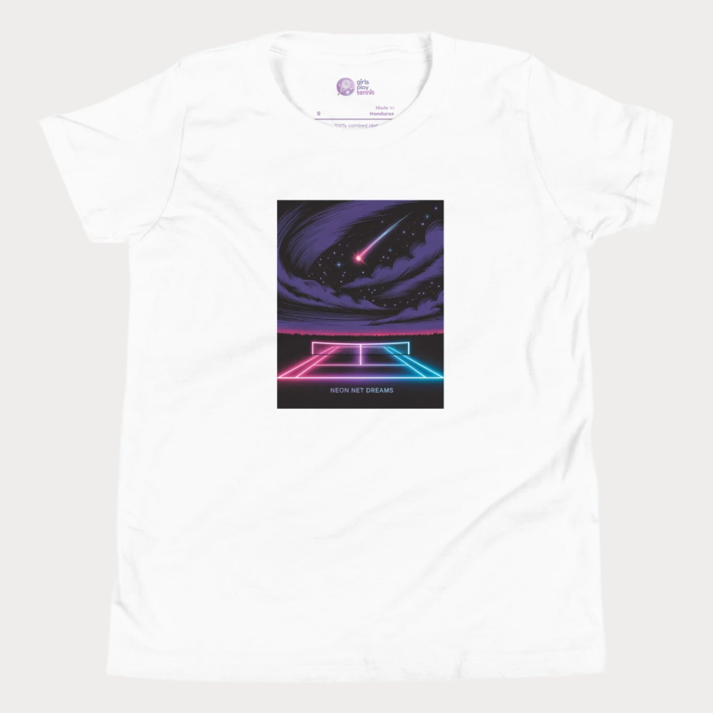 Neon Net Dreams tennis t-shirt with glowing hard court, stars, and comet – night tennis graphic tee for girls.