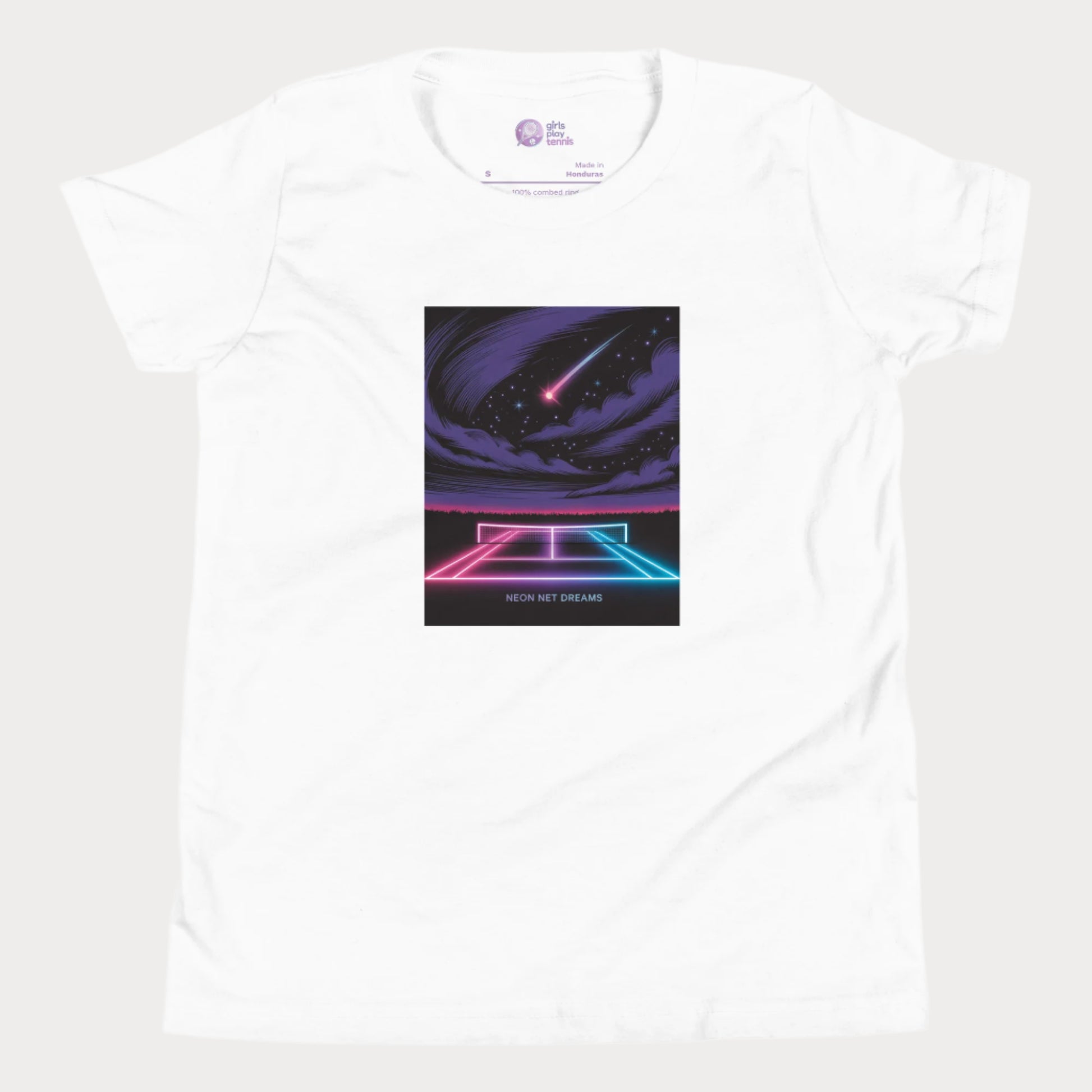 Neon Net Dreams tennis t-shirt with glowing hard court, stars, and comet – night tennis graphic tee for girls.