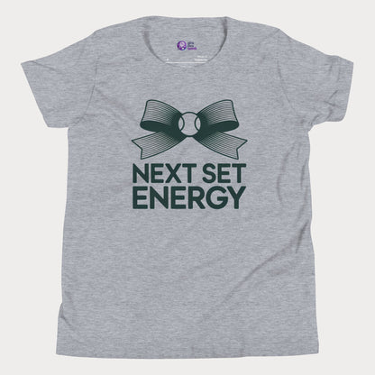 Next Set Energy tennis tee in athletic grey with green bow and bold typography design for girls and women