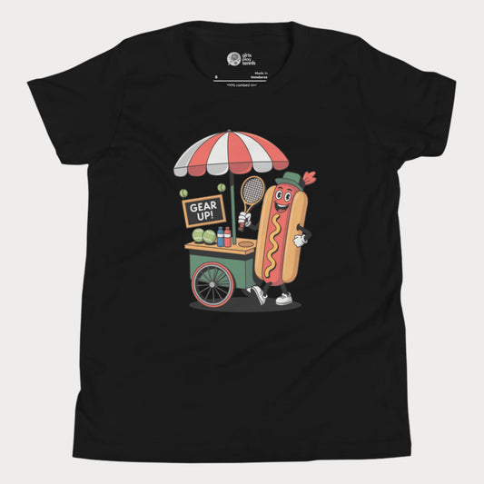 Girls Play Tennis NYC hot dog stand Gear Up tennis t-shirt for girls, hard court season New York tennis shirt